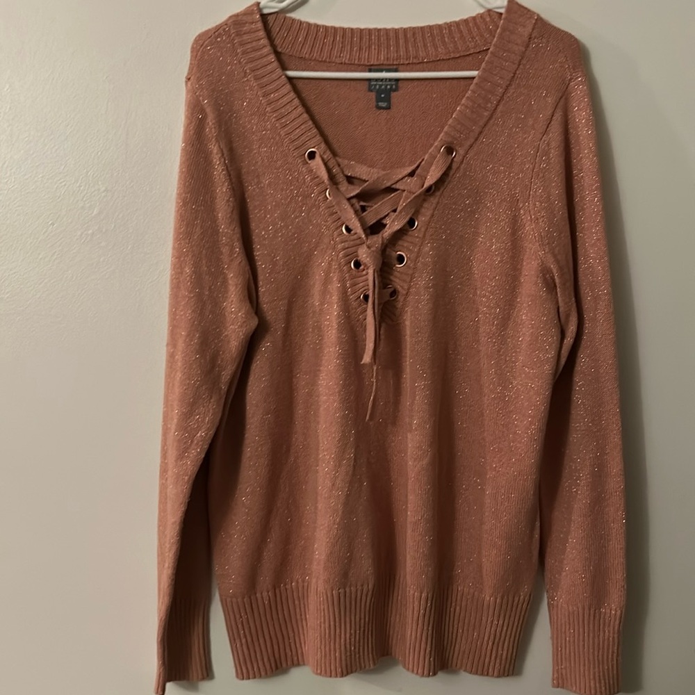 New York & Company tied front sweater size medium pink peach gold sparkle